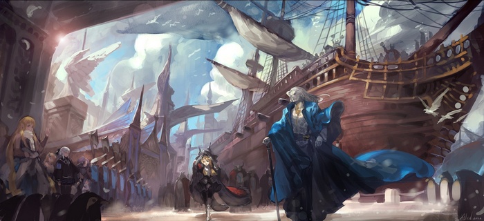 Artwork of a ship and people in a port
