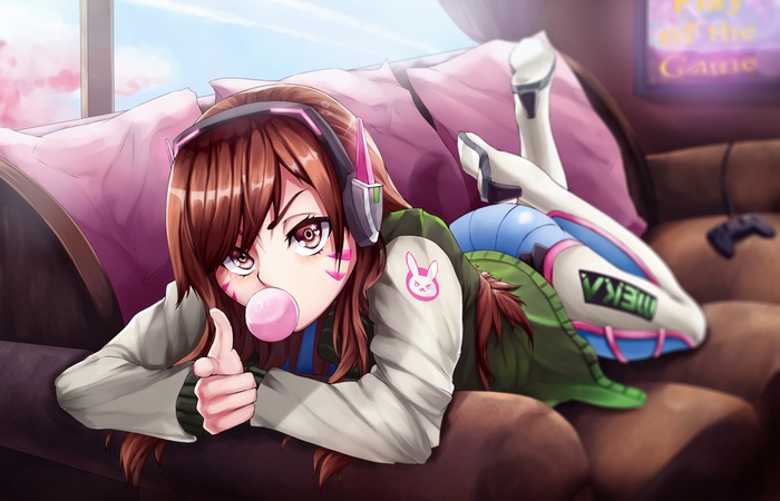 D.Va from Overwatch chewing bubblegum on a couch