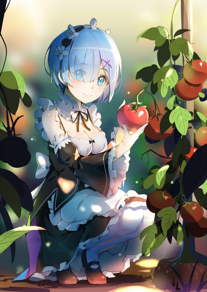 Rem from Re:Zero holding a tomato