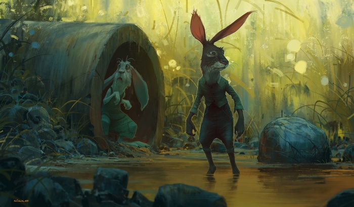 Rabbits in a surreal, watery environment