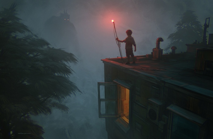 Nikolai Lockertsen's science fiction scene with a boy and a monster
