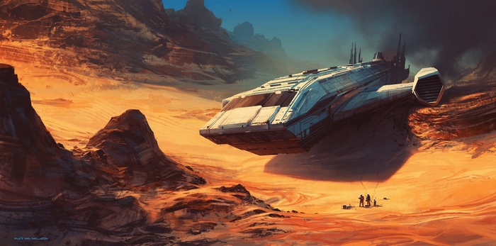 Nikolai Lockertsen's science fiction spaceship on a desert planet