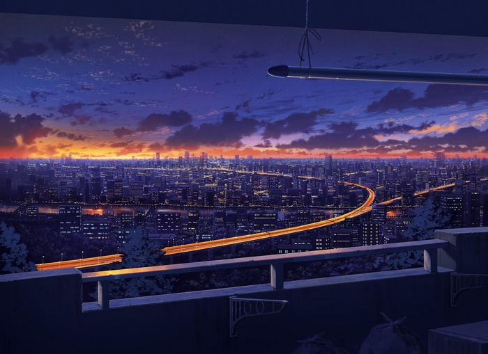 sky, city, night, anime, Japan, road