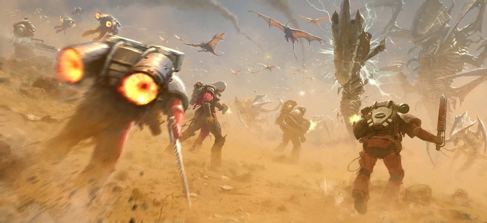 Warhammer 40,000 Space Marines battle Tyrannids on a desert planet