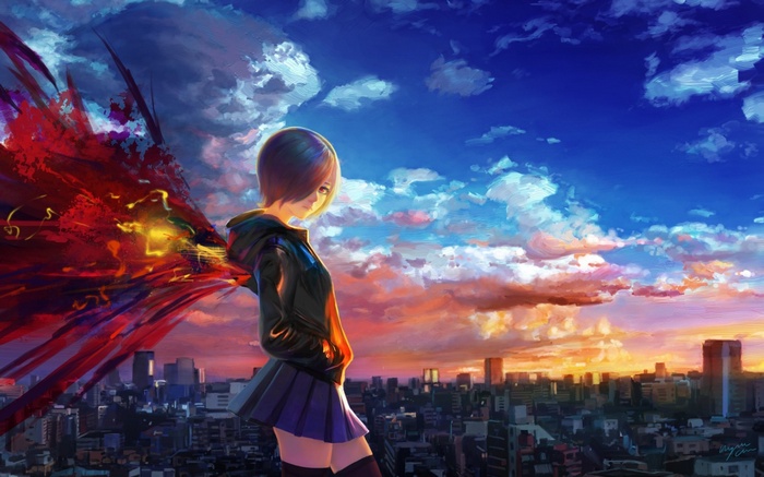 Touka Kirishima with Kagune over Tokyo skyline