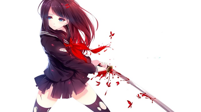 Anime girl with sword and red ribbon