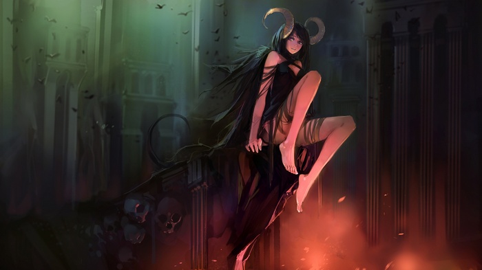Anime succubus with horns sitting on ruins