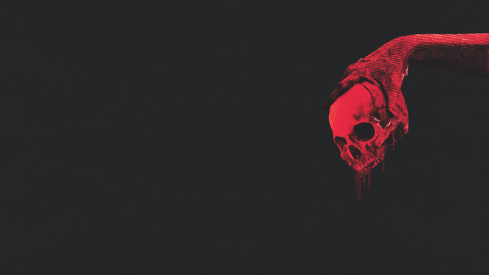 Red hand holding a skull