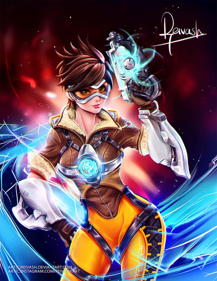 Tracer from Overwatch holding a weapon