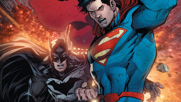 Batman and Superman in a fiery battle