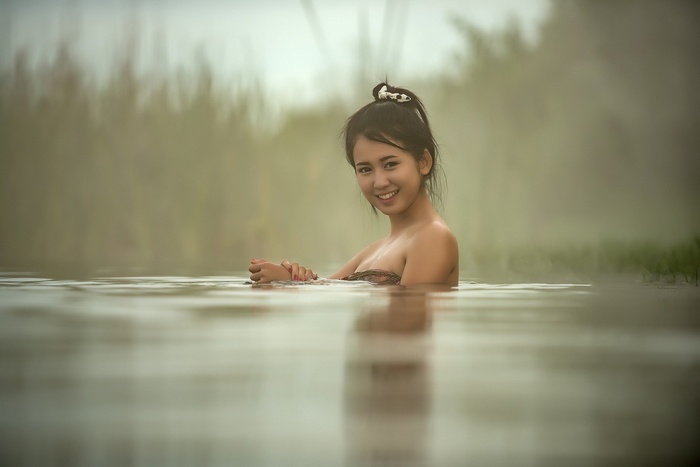 water, women, Thailand, Asian, smiling, brunette, looking away, portrait