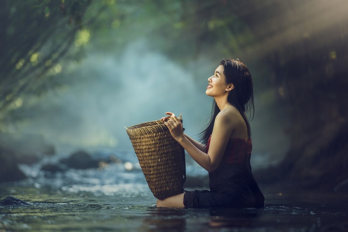 women, Thailand, Asian, sitting, baskets, wet clothing, portrait, water, smiling, looking away