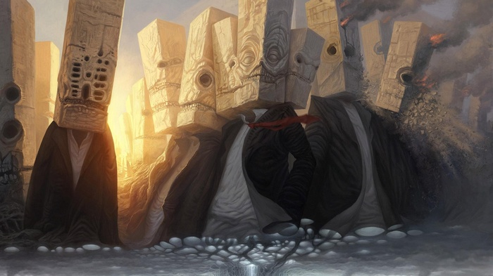 Fantasy art of figures with block heads and suits