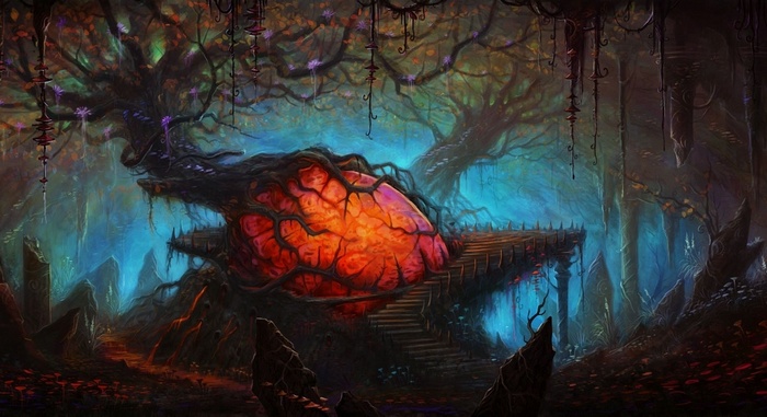 Fantasy forest with a giant glowing heart