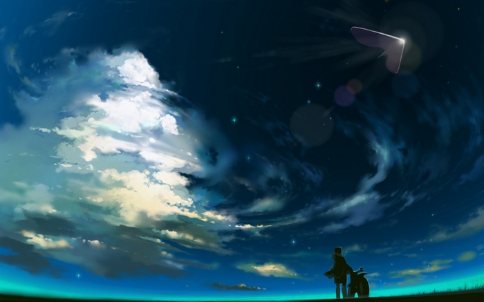 Anime boy and motorcycle under a swirling night sky with UFO