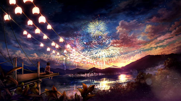 Anime girl watches fireworks over a lake at night