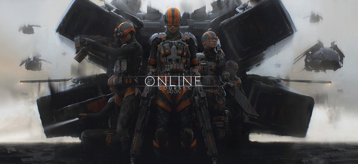 Science fiction soldiers with futuristic vehicles