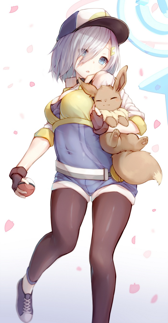 Anime girl in cosplay holding Eevee and a Pokeball