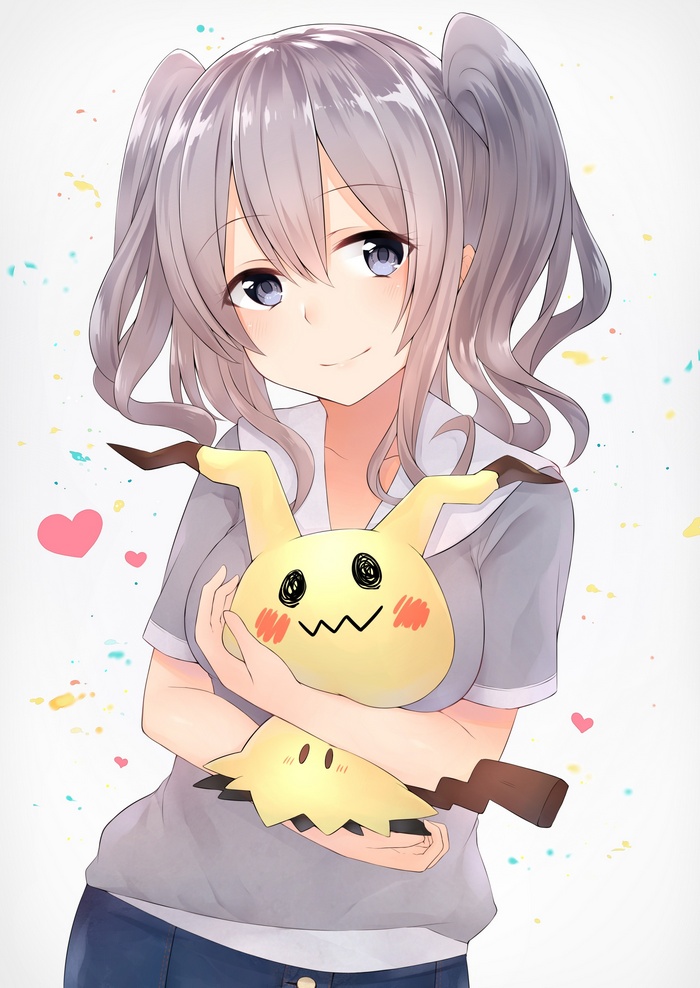 Anime girl holding Mimikyu plush toy