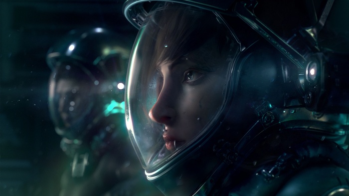 Two astronauts in helmets in space
