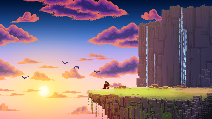 Couple on a cliff overlooking a sunset with waterfalls