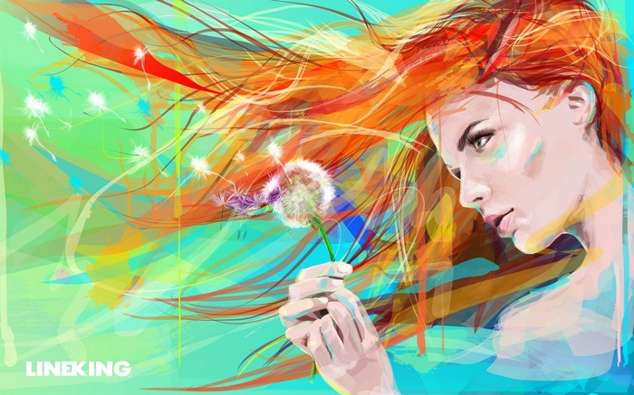 Artwork of a woman with red hair holding a dandelion