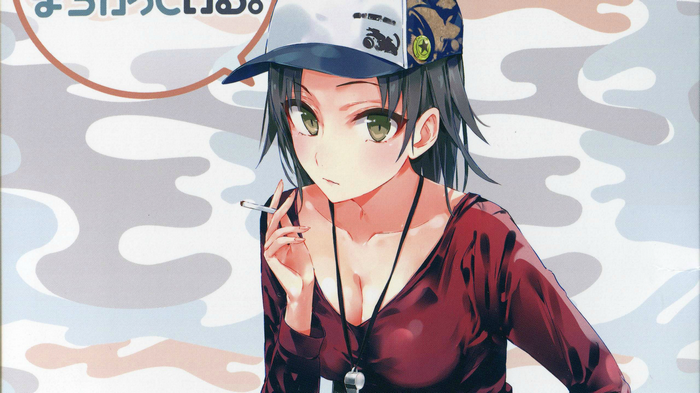 Anime girl with black hair and green eyes smoking