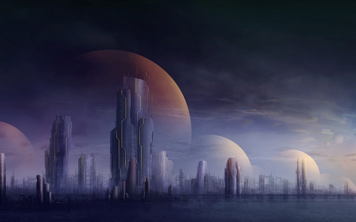 Futuristic city skyline with planets in the sky