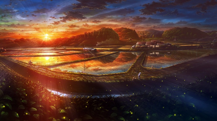 Artwork of a sunset over rice fields