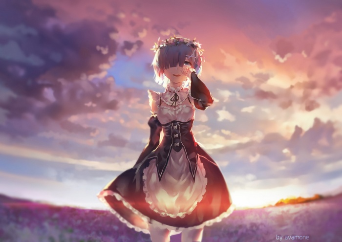Rem from Re:Zero in a field of flowers at sunset