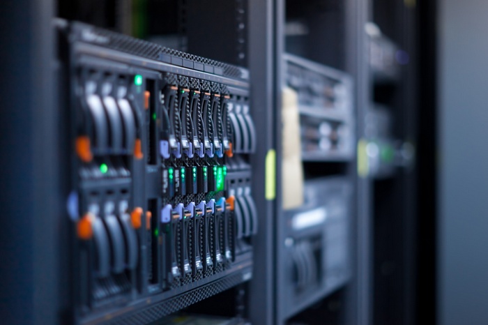 Server racks with blinking lights in a data center