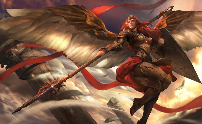 Angel warrior with spear and wings in fantasy art