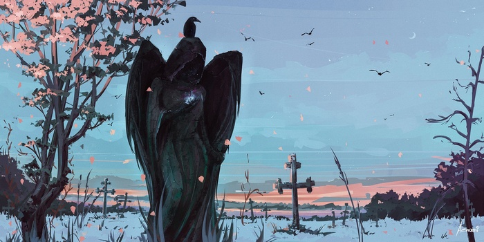 Angel Statue in a Cemetery by Aenami