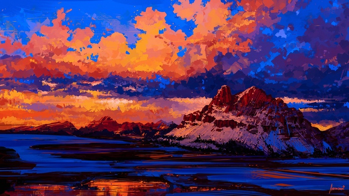 Artwork by Aenami of a mountain landscape at sunset