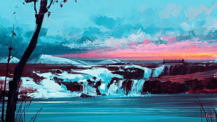 Artwork by Aenami of a waterfall at sunset