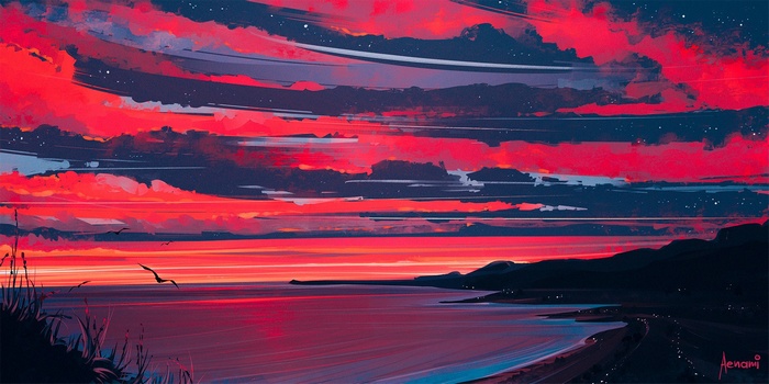 Artwork of a dramatic sunset over the ocean by Aenami