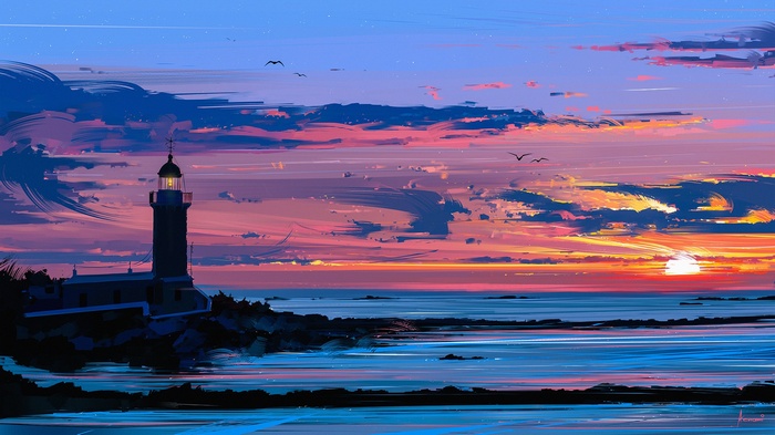 Lighthouse on a rocky coast at sunset, digital art