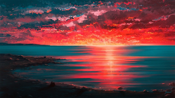 Artwork by Aenami of a sunset over the ocean