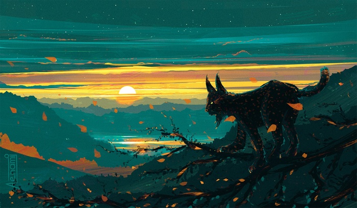 Artwork by Aenami featuring a lynx at sunset
