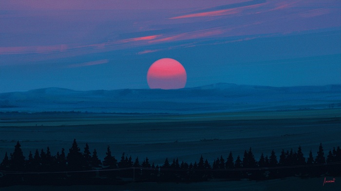 Artwork by Aenami: Sunset over a vast landscape