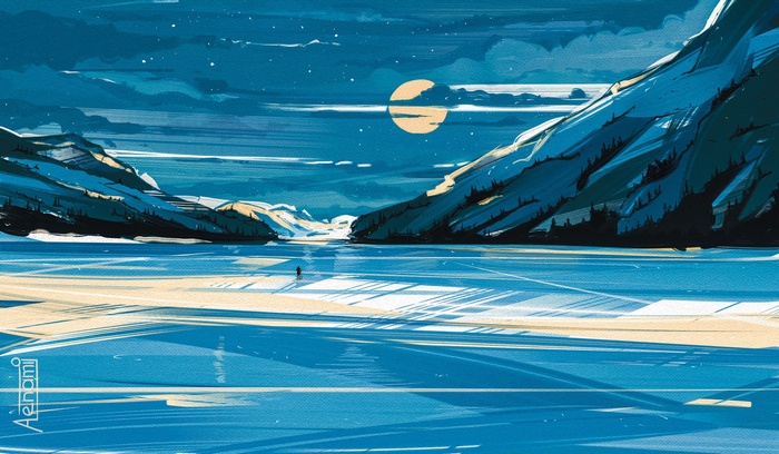 Aenami artwork of a moonlit landscape with mountains and a lake