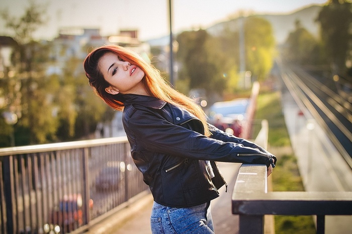 Delaia Gonzalez wearing a leather jacket and jeans