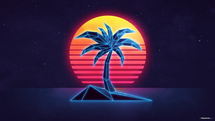 Retro palm tree island with a large sun and stars