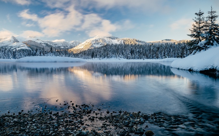 Snowy Mountains and Lake Reflection in Morning Sunlight