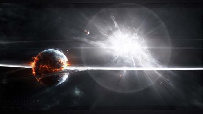 Apocalyptic planet in space with bright explosion