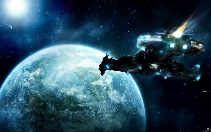 Starcraft II spaceship near a planet