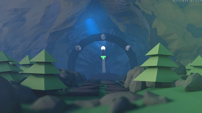 Low poly cave with sword and trees