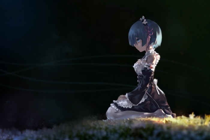 Rem from Re:Zero kneeling in a dark field