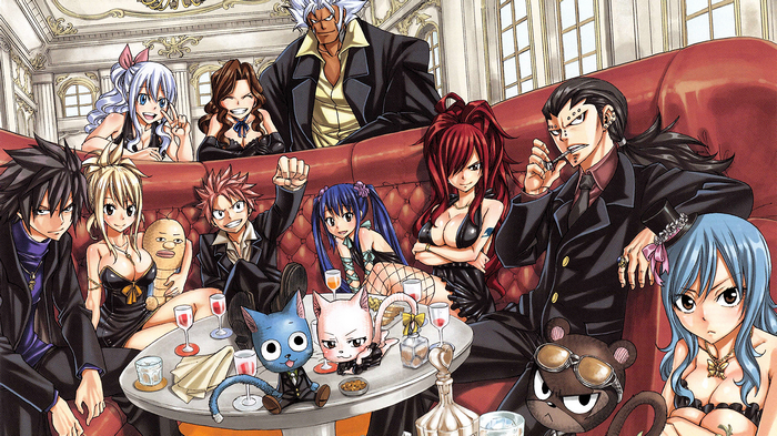 Fairy Tail characters in formal attire on a couch