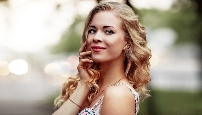 blue eyes, smiling, portrait, women, women outdoors, face, Sergey Baryshev, dress, blonde, depth of field